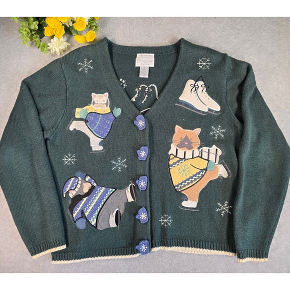 Christopher & Banks Sweaters - Vtg Christopher & Banks Green Ice Skating Cats Cardigan Sweater Embroidered M